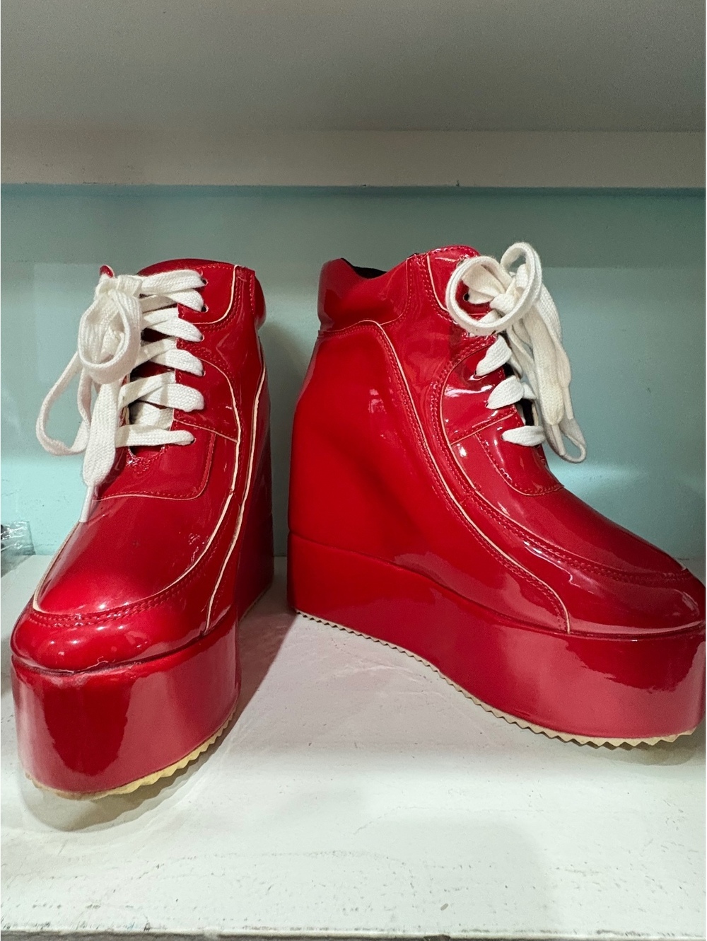 Bold Red Platform Wedge Sneakers with White Laces